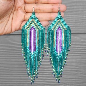 Handmade Evergreen Gaia Beaded Earrings Fringe Boheme Dangle Tribal Y2K Western